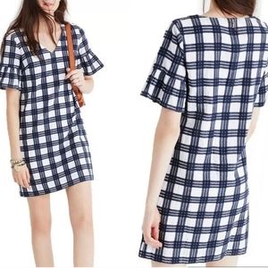 Madewell Dress Sz 4 Shift Mini Leighton Navy/White Plaid‎ Short Sleeves Ruffle